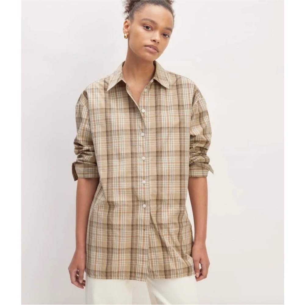 Everlane Supima Cotton Oversized Boyfriend Shirt Khaki Plaid Size Small Relaxed